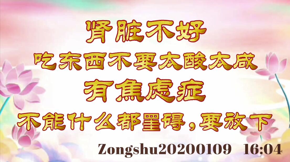 肾脏不好，吃东西不要太酸太咸；有焦虑症，不能什么都罣碍，要放下 zongshu2020